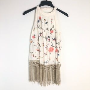 Anthropologie Gatsby 4 Fringe Embroidered Tank Top Floral Bird Open Back Cream